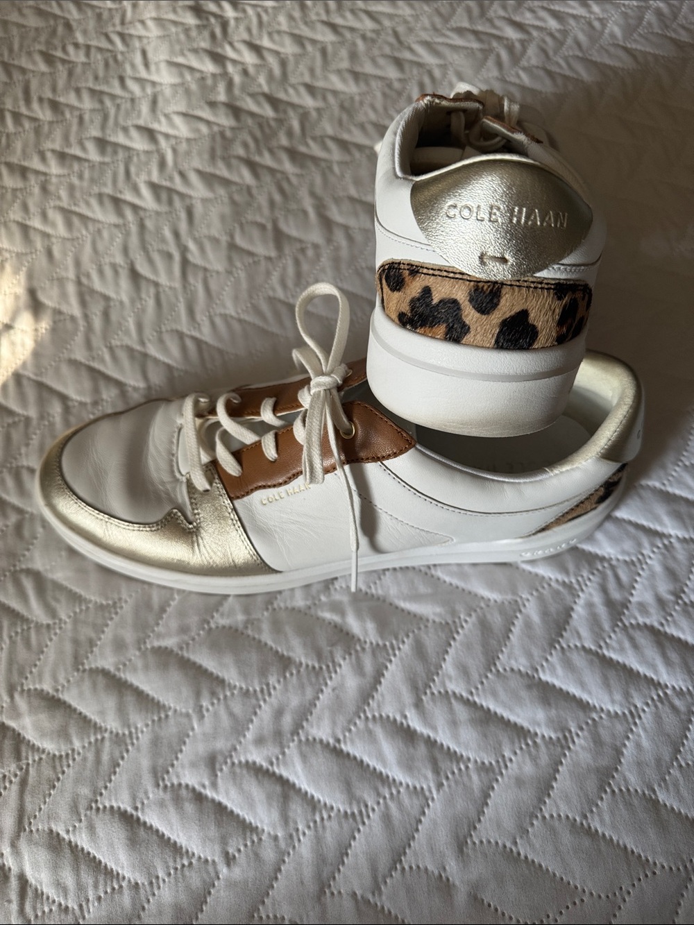 Cole Haan White Leather Sneakers with Gold and Leopard Trim